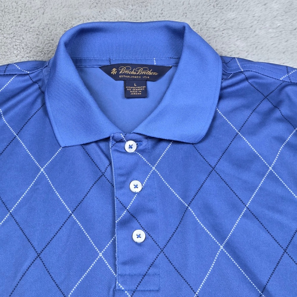 Brooks Brothers Polo Shirt Mens L Argyle Diamond Performance Short Sleeve Blue